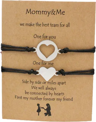 Produktbild von Paar Mutter-Tochter-Armband, verstellbar, gewebtes Seil, lässig, geometrisch, All-Match-Dekoration, Geschenke für den Schulanfang, hohles Liebesherz, Mama-Ich-Karte, Armbänder, Schmuck für den Muttertag-Schwarz