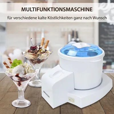 An ice cream maker is shown next to two ice cream sundaes, with text overlay describing the product.