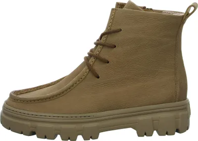 A side view of a tan lace-up boot.