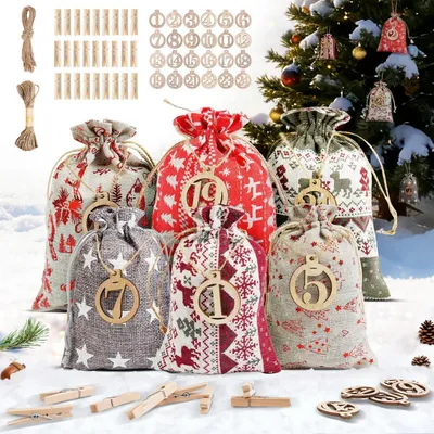 Produktbild von Adventskalender zum Befüllen 2025, 24 Stoffsäckchen mit 2 Größen, Jutesäckchen Weihnachten für Kinder