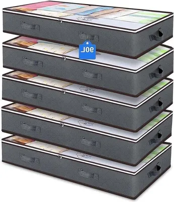 Obrázek produktu pro Velkokapacitní úložné boxy pod postel, sada 5 ks, objem 90 litrů, rozměry 100 x 50 x 18 cm, průhledný kryt, zesílené úchyty, skládací, na odkládání oblečení, šedé