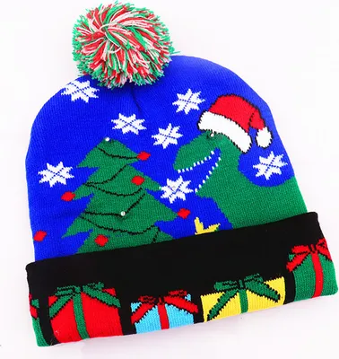 Produktbild von Weihnachtsmütze mit LED-Beleuchtung Blinkmodi Strickmütze Dekoration Partybedarf, Dinosaurier