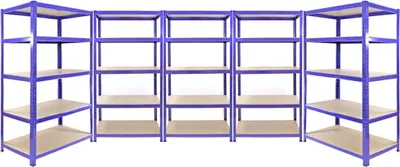 Zdjęcie produktu dla Promocja Monster Racking: 3 regały Q-Rax o dużej nośności 90 x 50 x 180 cm + 2 regały Q-Rax o dużej nośności 120 x 50 x 180 cm – regał do dużych obciążeń, regał magazynowy, regał garażowy, regał stalowy, regał przemysłowy, regał warsztatowy, regał modułowy, regał metalowy – w 100% bezśrubowy, w kolorze niebieskim