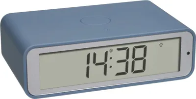 A blue digital alarm clock is shown from a front-diagonal angle.