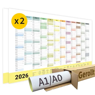 Produktbild von XXL Jahreskalender Wandkalender 2026 | DIN A0 | 2 Stück | Gerollt verpackt ohne Knicke | 84,1 x 118,9 cm | Kalender | deutsche Feiertage + Ferien
