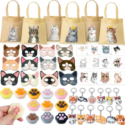 Productafbeelding van Vullingen voor kattenthema feestzakjes, 60 stuks - Feestzakjes met kattenspeelgoed - Kattenmaskers - Squishy speelgoed - Sleutelhanger - Tattoostickers - Vliesstoffen zakjes - Feestzakjes