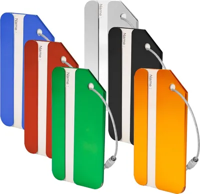 Produktbild von 6 Stück Gepäckanhänger aus Aluminium, 7,7 x 4 cm, Gepäckanhänger, Reisekofferanhänger mit Adressanhänger, Edelstahlkabel, wasserdichte Karte für Koffer, Gepäck, Reisetasche (6 Farben)