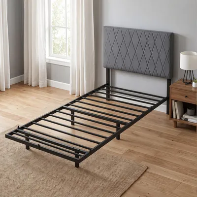 Immagine prodotto di Letto in metallo 90 x 200 cm, struttura per letto a una piazza e mezza, con testiera, rete a doghe, design moderno, 20 cm di spazio libero dal pavimento, colore grigio, senza materasso
