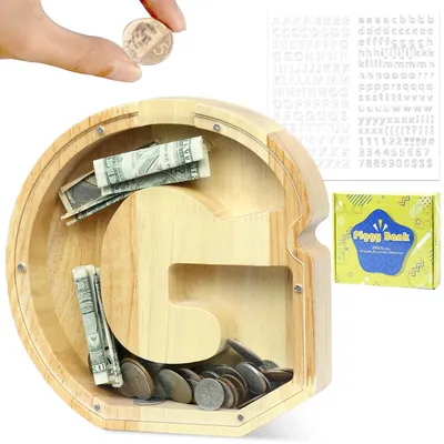 Produktbild von Personalisierte Spardose aus Holz mit AZ-Buchstabenverzierung, kreative große Spardose als Geschenk für Geburtstage, Weihnachten und Thanksgiving (G)