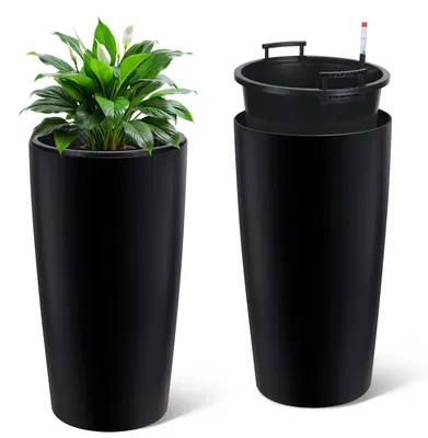 Produktbild von Selbstbewässernde Pflanzkübel - Hohes Pflanzgefäß-Set, 76 cm, Wasserstandsanzeige, Innentopf, Drainagelöcher, Schwarz