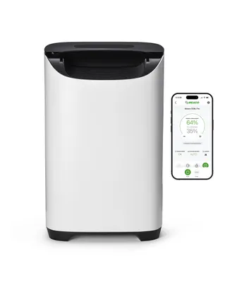 A white air purifier and a smartphone displaying its app interface are shown against a white background.