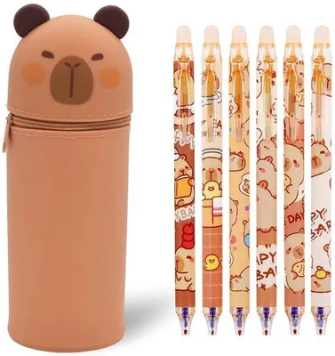 Zdjęcie produktu dla Silikonowe etui z wbudowaną przegródką na długopisy dla dziewczynek i chłopców, na 6 długopisów, w stylu kawaii, z motywem kapibary.