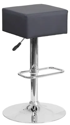 Zdjęcie produktu dla Nowoczesny, regulowany barowy stołek o chromowanej podstawie, obity szarą winylą, o wymiarach 73,66 x 50,8 x 36,83 cm