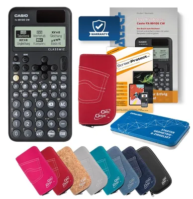 Produktbild von Casio FX-991 DE CW Taschenrechner mit Tasche rot, Folie, Fachbuch & Zirkel Set