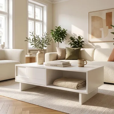 Produktbild von Couchtisch 'Katanshumn' mit Schublade und 2 Ablagefächern 110 x 55 x 39 cm rechteckig Weiß