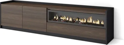 Produktbild von TV-Schrank, Lowboard, 207x37x50cm, Für TV-Geräte bis zu 80", Elektrokamin., Dunkler Eiche und Schwarz