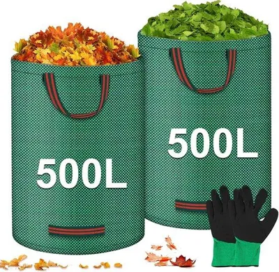 Produktbild von Famanu Gartenabfalltaschen 2 x 500 l - wiederverwendbare Taschen mit Griffen - inklusive 2 Handschuhe - selbsttragend - wasserdicht