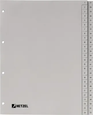 Image de HETZEL Kunststoff-Register, Zahlen, A4, 1-52, PP, grau