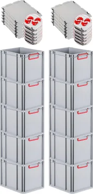 Produktbild von SparSet 10x Eurobox NextGen Color mit Auflagedeckel und Schiebeschnappverschlüsse | HxBxT 32x30x40cm | 30 Liter | Grau | Griffe rot geschlossen | Glatter Boden | Eurobehälter, Transportbox, Transportbehälter, Stapelbehälter