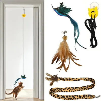 Immagine prodotto di 3x giocattolo per gatti coda di piume di uccello + set di gomma per porta regolabile