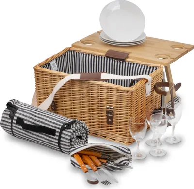 Immagine prodotto di Cestino da picnic CampFeuer per 4 persone con tavolo da portata e set di stoviglie, 25 pezzi, cestino in vimini con cinghie in Pelle finta
