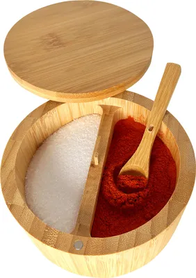Produktbild von WAOHO Salzstreuer, Gewürzdose, Gewürzgläser，Gewürzdose aus Bambus mit Löffel, 2 Fächer mit drehbarem Magnetdeckel für Küchengewürze, Kräuter, Paprika oder Kleinteile