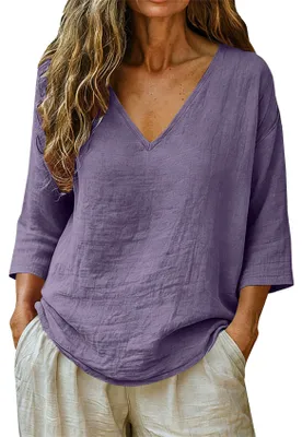Image de T-shirt pour femmes ASKSA, col en V, manches 3/4, chemisier en lin d'été, chemisier en mousseline, uni, décontracté, ample, basique (violet, taille M)