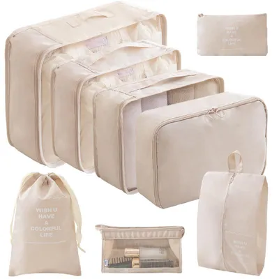 Produktbild von 8er-Set Reise-Aufbewahrungstaschen Set, wasserdichte Organizer, verschiedene Größen, faltbar, leicht, Beige