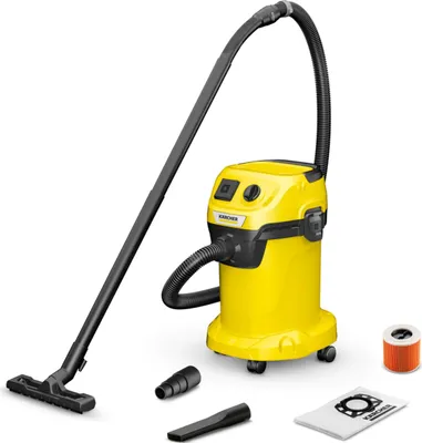 A yellow Kärcher wet/dry vacuum cleaner with accessories on a white background.