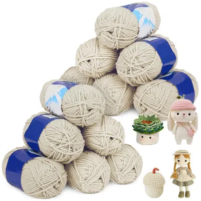 Produktbild von Häkelgarn 12 x 50g Acrylmischung Beige/Khaki/Weiß 2,5mm für Anfänger