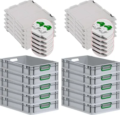 Produktbild von SuperSparSet 10x Eurobox NextGen Color mit Scharnierdeckel und Schiebeschnappverschlüssen | HxBxT 12x40x60cm | 23 Liter | Grau | Griffe grün offen | Glatter Boden | Eurobehälter, Transportbox, Transportbehälter, Stapelbehälter