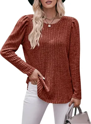 Produktbild von ASKSA Damen Langarmshirt Rundhals Rippstrick Casual Elegant Strickpullover Tunika Tops Pullover, Orange, 2XL
