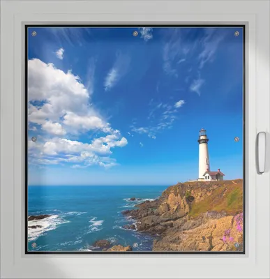 Produktbild von Wallario Lichtschutzbild, Dekorativer Sichtschutz Sonnenschutz 96 x 100 cm mit Motiv: Leuchtturm auf einem Felsvorsprung - Blauer Himmel - Verdunklung ohne Bohren