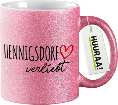 Produktbild von Huuraa Glitzertasse Hennigsdorf verliebt 330ml Pink Keramik Kaffeebecher Geschenkidee