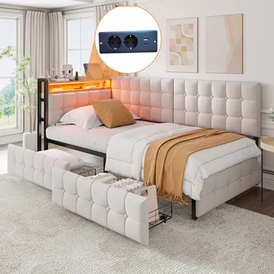 A bedroom scene featuring a daybed with storage drawers and LED lighting, with an inset image of a power outlet.
