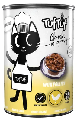 Obrázok produktu pre TufTuf | TufTuf – krmivo pre mačky – vlhké krmivo pre mačky, kuracie – kúsky kuracieho mäsa v omáčke, plechovka 415 g – krmivo pre mačky s obsahom mäsa