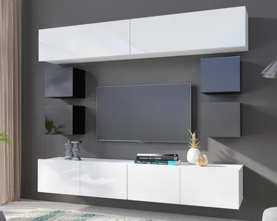 Produktbild von Wohnwand Amanda VIII, Stilvoll Anbauwand vom Hersteller, Moderne Schrankwand, Mediawand 210cm (Schwarz + Schwarz Hochglanz / Weiß + Weiß Hochglanz)
