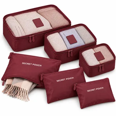 Produktbild von Koffer Organizer 6-teilig – Packing Cubes Set, Packwürfel mit Netzoberseite & Reißverschlusstaschen für Reise & Urlaub – Weinrot