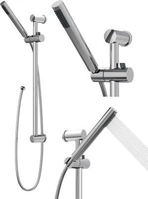 Multiple views of a silver showerhead set against a white background.