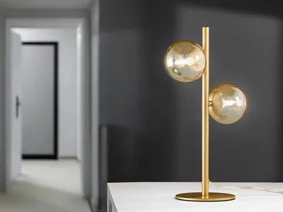 Produktbild von LED Tischlampe Gold & Glaskugeln Bernsteinfarben - stylishe Nachttischleuchte
