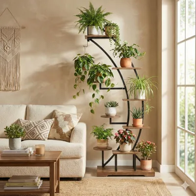Image de Support à fleurs avec 9 niveaux, hauteur de 160 cm, en métal et en bois, avec éclairage de croissance, idéal pour balcon et jardin