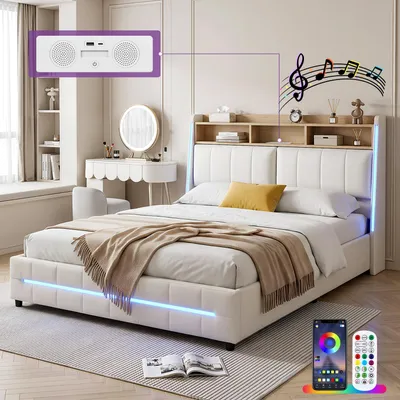 Produktbild von OYAJIA Polsterbett 140×200 mit Bluetooth-Lautsprecher & LED Beleuchtung &Ladefunktion& Nachtlicht, Doppelbett mit Stauraum Kopfteil & Hydraulischem