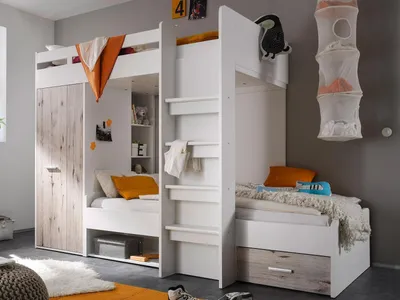 Produktbild von Etagenbett Kinderbett Hochbett Stockbett Funktionsbett Jugendbett Bett "Mimi I" Weiß / Sandeiche