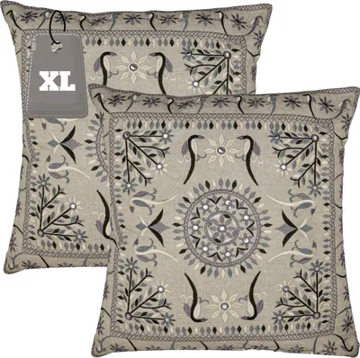 Produktbild von Marrakesch 2er Set Kissenbezug Kissen 50x50 cm groß | Sofakissen Kuschelkissen aus Baumwolle bestickt als Wohnzimmer Deko auf dem Sessel & Sofa | Dekokissen Lodge Grau als Stuhlkissen im Esszimmer