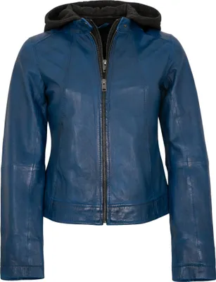 Produktbild von Jilani Collection - Damen Lederjacke Lammnappa Kapuze blau : 46