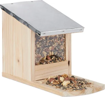 Produktbild von Relaxdays Eichhörnchen Futterhaus, Futterstelle aus Holz, wetterfestes Metalldach, Eichhörnchen Kobel zum Stellen, natur