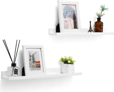 Obrázek produktu pro SONGMICS sada 2 nástěnných polic | 2 plovoucí police s lesklým povrchem | 60 x 10 cm nástěnná police MDF bílá LWS60WT