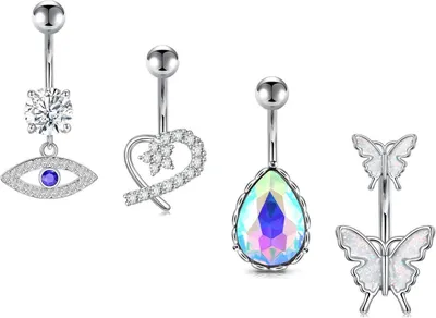 Productafbeelding van AVYRING, 4 stuks buikpiercing, 6mm en 10mm, zilver, hart- en vlindermotief, chirurgisch staal