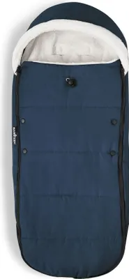 A top-down view of a navy blue baby stroller footmuff with a white fuzzy lining.