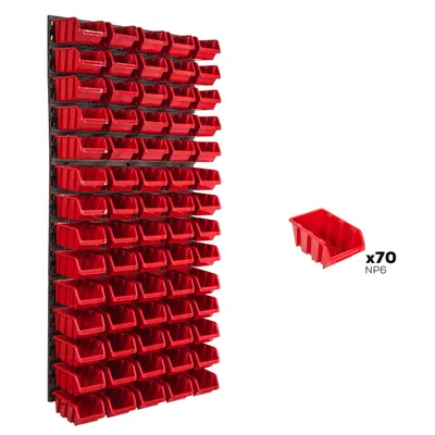 A wall-mounted storage system with multiple red bins, and a single red bin shown separately with quantity information.